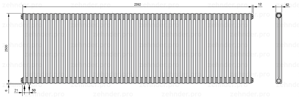 Схема (чертеж) Радиатор Zehnder Charleston 2250/52 №3370 Белый глянцевый RAL 9016